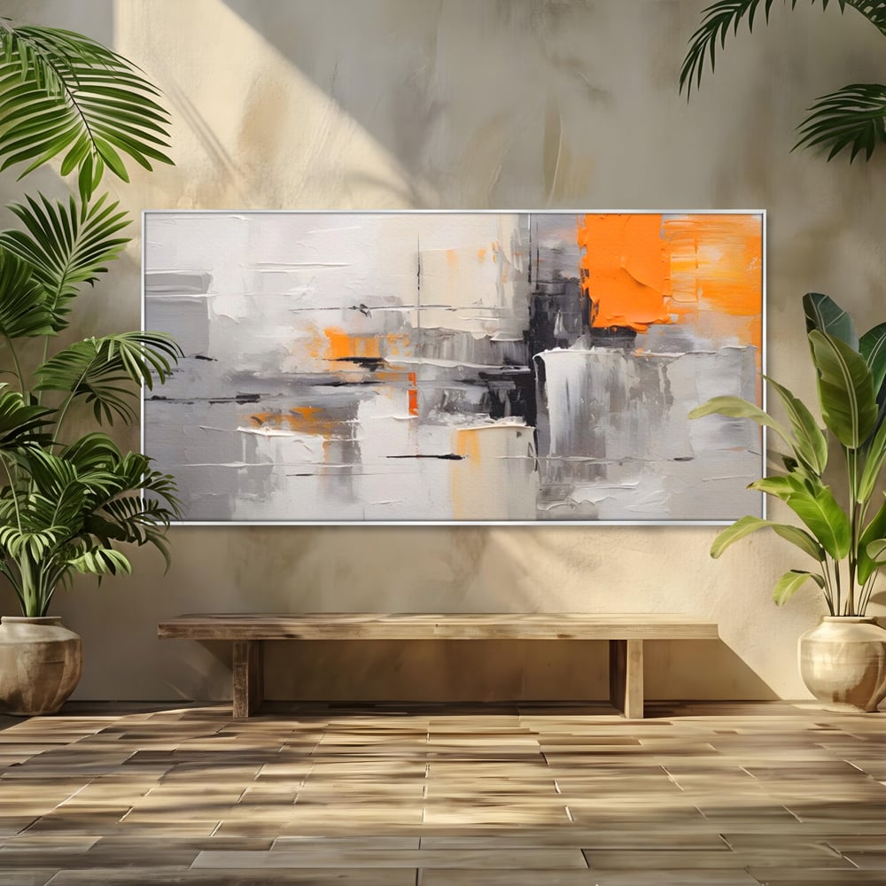 Tablou canvas cu pictura abstracta gri cu pata portocalie, in rama de aluminiu argintiu